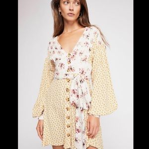 Free People Wonderland Mini dress floral long sleeve button font bohemian summer